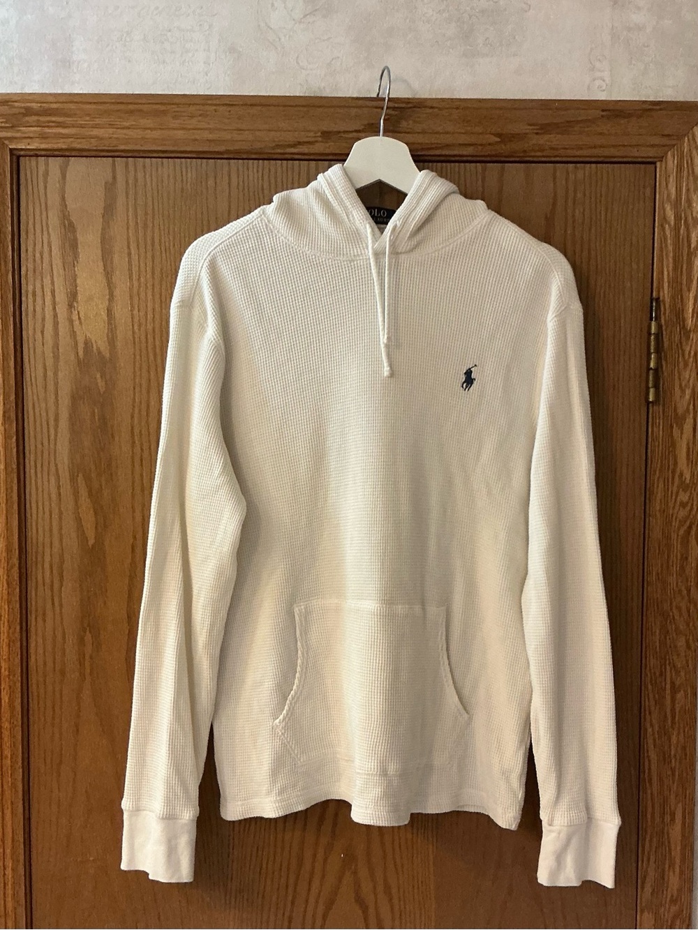 Polo Ralph Lauren White Waffle-Knit Hooded Pullover with Navy Pony